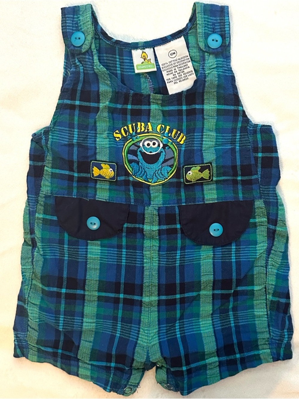 Vintage Sesame Street Cookie Monster Scuba Club Plaid Baby Romper 12M RARE